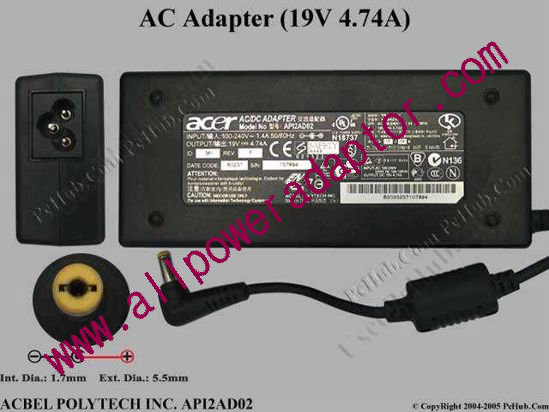 Acbel Polytech API2AD02 AC Adapter- Laptop 19V 4.74A, 5.5/1.7mm, 3-Prong
