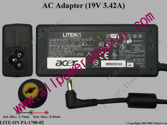 LITE-ON PA-1700-02 AC Adapter 19V 3.42A, 5.5/1.7mm, 3-Prong