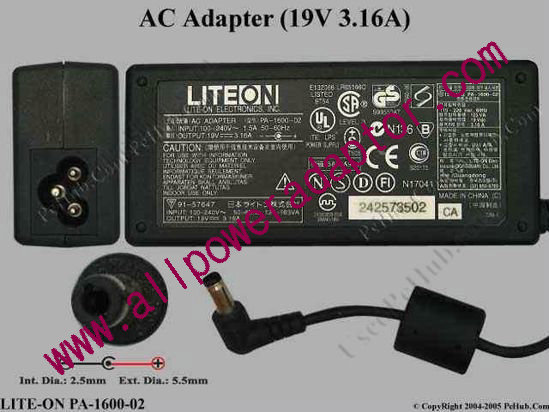 LITE-ON PA-1600-02 AC Adapter 19V 3.16A, 5.5/2.5mm, 3-Prong