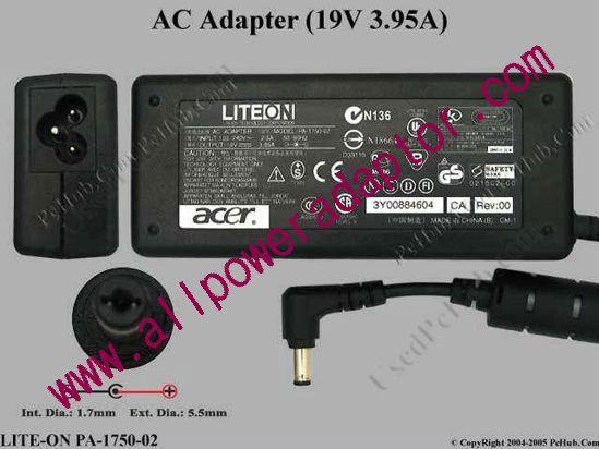 LITE-ON PA-1750-02 AC Adapter 19V 3.95A, 5.5/1.7mm, 3-Prong