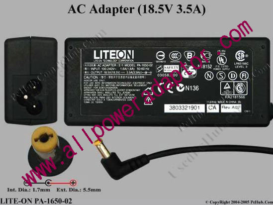 LITE-ON PA-1650-02 AC Adapter 18.5V 3.5A, Tip Acer