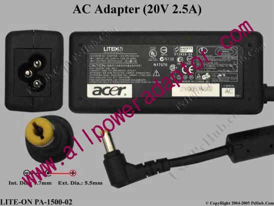 LITE-ON PA-1500-02 AC Adapter 20V 2.5A, 5.5/1.7mm, 3-Prong