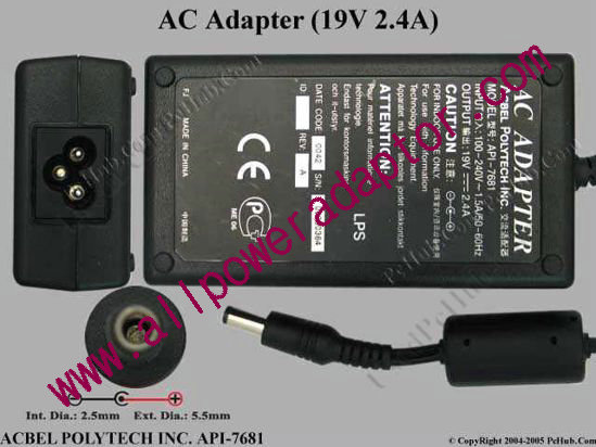 Acbel Polytech API-7681 AC Adapter- Laptop 19V 2.4A, 5.5/2.5mm, 3-Prong