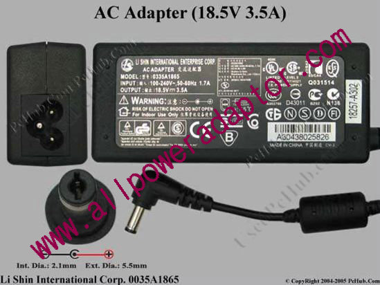 Li Shin 0335A1865 AC Adapter 18.5V 3.5A, 5.5/2.1mm, 3-Prong