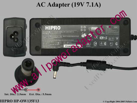 HIPRO HP-OW135F13 AC Adapter- Laptop 19V 7.1A, 5.5/2.5mm, 3-Prong