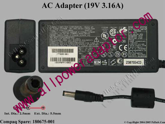 Compaq Common Item (Compaq) AC Adapter- Laptop 180675-001(PA-1600-02), 19V 3.16A, Tip C