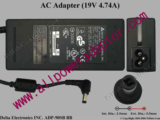 Delta Electronics ADP-90SB BB AC Adapter- Laptop 19V 4.74A, 5.5/2.5mm, 3-Prong, New