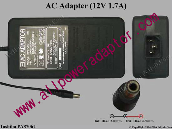 Toshiba AC Adapter PA8706U, 12V 1.7A, Tip D