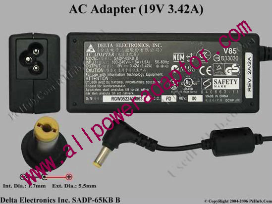 Delta Electronics SADP-65KB AC Adapter- Laptop 19V 3.42A, 5.5/1.7mm, 3-Prong - Click Image to Close