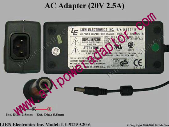 LIEN Electronics LE-9215A20-6 AC Adapter 24V 2.5A, 2.5/5.5mm, C14