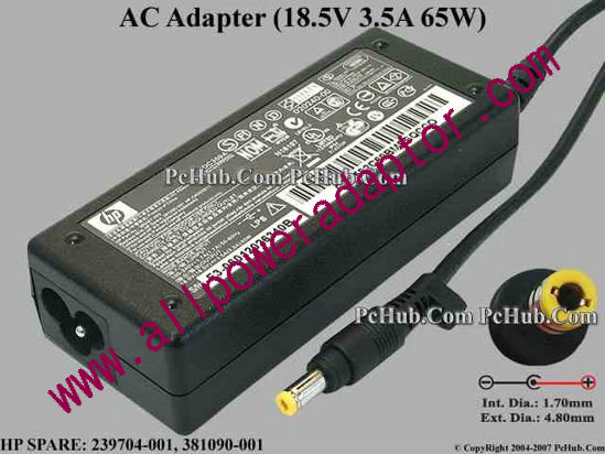 HP AC Adapter- Laptop 18.5V 3.5A, 4.8/1.7mm, 3-Prong