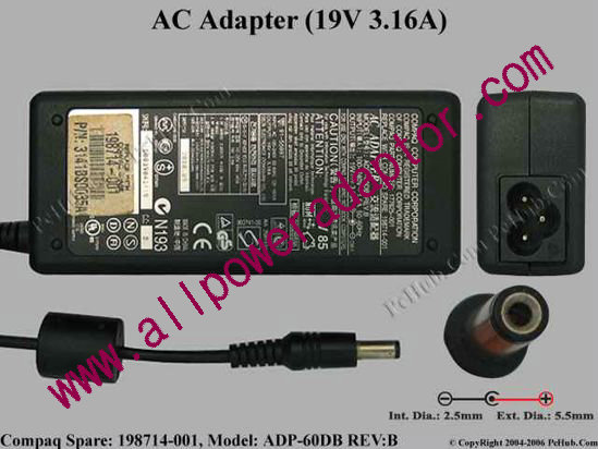 Compaq Presario Series AC Adapter- Laptop 198714-001(ADP-60DB REV:B), 19V 3.16A, Tip C