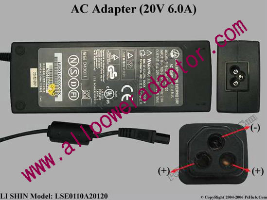 Li Shin LSE0110A20120 AC Adapter 20V 6A, 3-Hole, 3-Prong