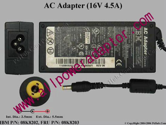 IBM Thinkpad Series AC Adapter- Laptop 16V 4.5A, 5.5/2.5mm, 3-Prong