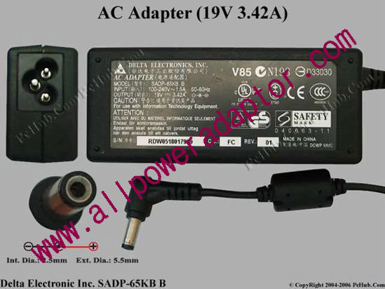 Delta Electronics SADP-65KB AC Adapter- Laptop 19V 3.42A, 5.5/2.5mm, 3-Prong