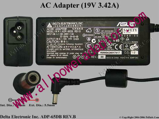 Delta Electronics ADP-65DB REV.B AC Adapter- Laptop 19V 3.42A, 5.5/2.5mm, 3-Prong