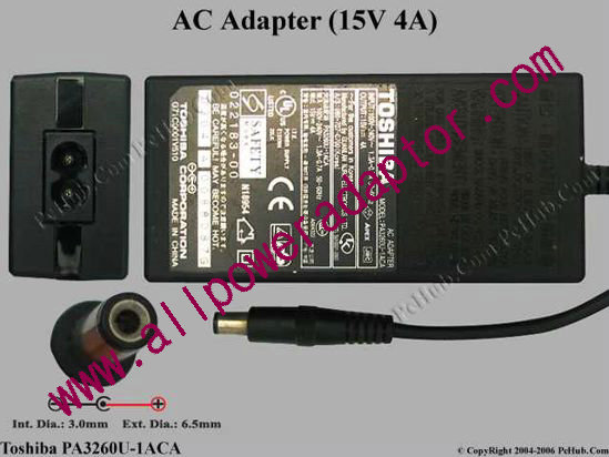 Toshiba AC Adapter PA3260U-1ACA, 15V 4A, Tip D