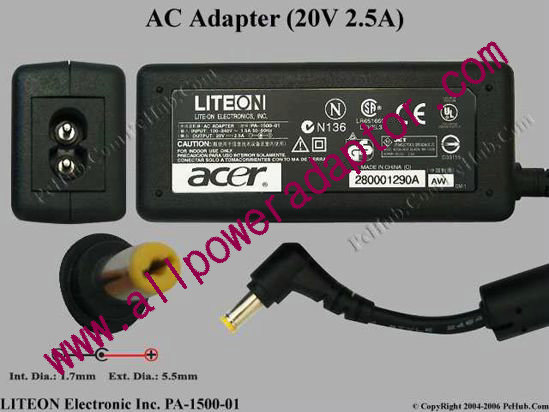 LITE-ON PA-1500-01 AC Adapter 20V 2.5A, 5.5/1.7mm, 2-Prong