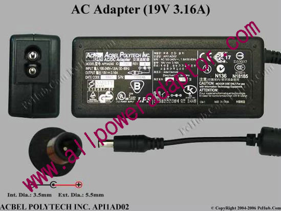 Acbel Polytech API1AD02 AC Adapter- Laptop 19V 3.16A, 5.5/3.4mm With Pin, 2-Prong