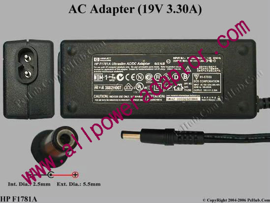 HP AC Adapter- Laptop F1781A, 19V 3.3A, Tip C