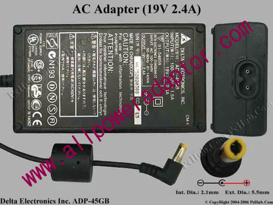 Delta Electronics ADP-45GB AC Adapter- Laptop 19V 2.4A, 5.5/2.1mm, 2-Prong