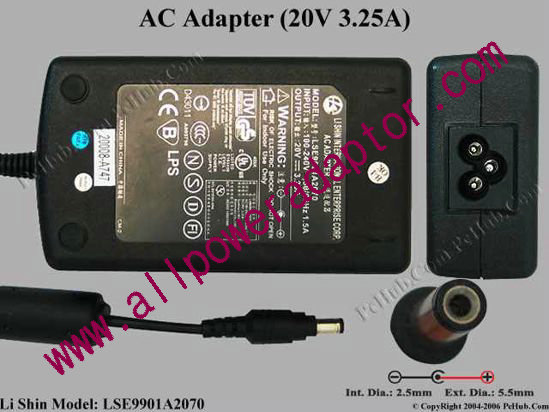 Li Shin LSE9901A2070 AC Adapter 20V 3.25A, 5.5/2.5mm, 3-Prong