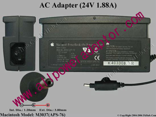 Apple Common Item (Apple) AC Adapter- Laptop M3037(APS-76), 24V 1.88A
