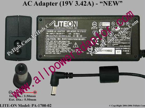 LITE-ON PA-1700-02 AC Adapter 19V 3.42A, 5.5/2.5mm, 2-Prong, New