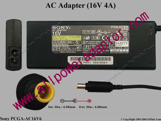 Sony Vaio Parts AC Adapter PCGA-AC16V6, 16V 4A, Tip E