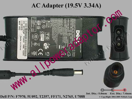 Dell Common Item (Dell) AC Adapter- Laptop 19.5V 3.34A, 7.4/5.0mm With Pin, 3-Prong Flat