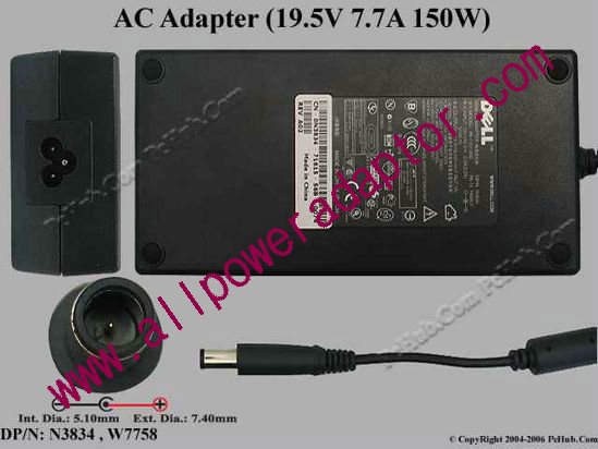 Dell Common Item (Dell) AC Adapter- Laptop 19.5V 7.7A, 7.4/5.0mm With Pin, 3-Prong
