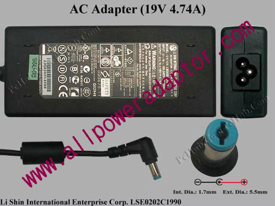 Li Shin LSE0202C1990 AC Adapter 19V 4.74A, 5.5/1.7mm, 3-Prong - Click Image to Close