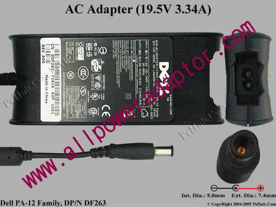 Dell Common Item (Dell) AC Adapter- Laptop 19.5V 3.34A, 7.4/5.0mm With Pin, 2-Prong