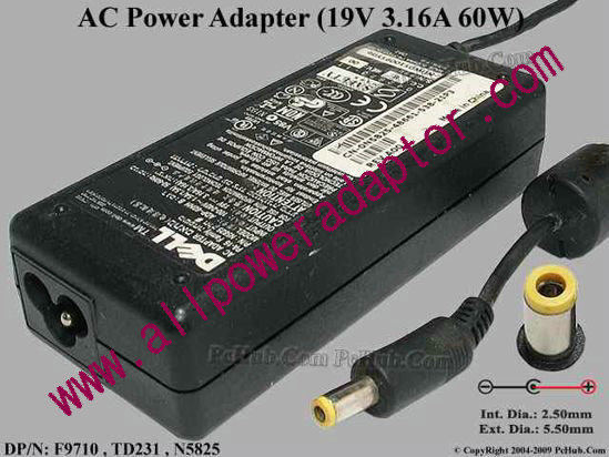 Dell Common Item (Dell) AC Adapter- Laptop 19V 3.16A, 5.5/2.5mm, 3-Prong