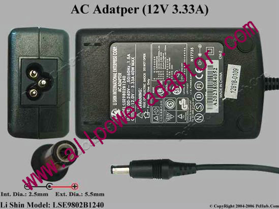 Li Shin LSE9802B1240 AC Adapter 12V 3.33A, 5.5/2.5mm, 3-Prong