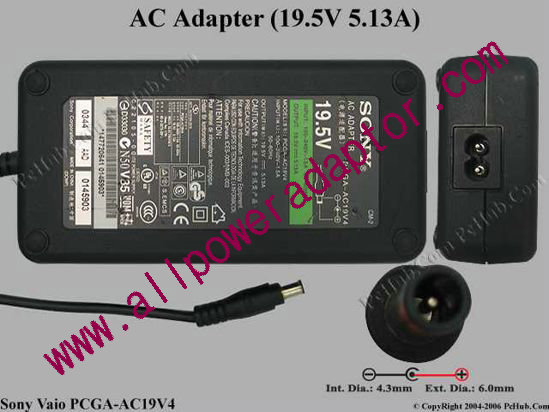 Sony Vaio Parts AC Adapter PCGA-AC19V4, 19.5V 5.13A, Tip E