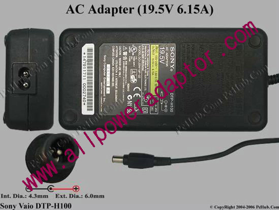 Sony Vaio Parts AC Adapter 19.5V 6.15A, 6.0/4.4mm With Pin, 2-Prong