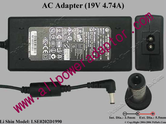 Li Shin LSE0202D1990 AC Adapter 19V 4.74A, 5.5/2.5mm, 2-Prong