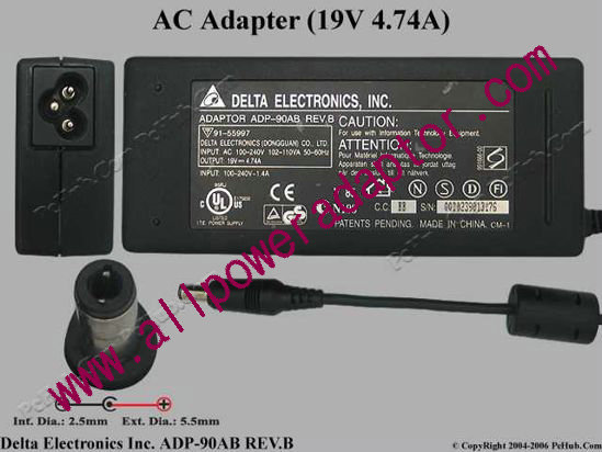 Delta Electronics ADP-90AB REV.B AC Adapter- Laptop 19V 4.74A, 5.5/2.5mm 12mm, 3-Prong