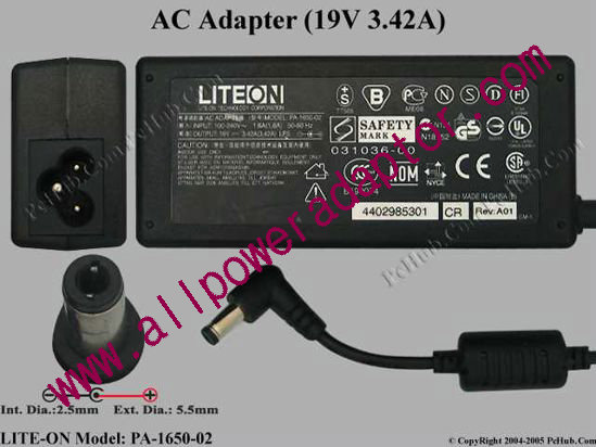 LITE-ON PA-1650-02 AC Adapter 19V 3.42A, 5.5/2.5mm, 3-Prong