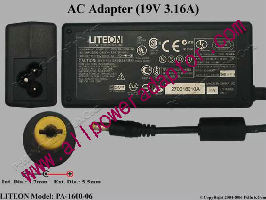 LITE-ON PA-1600-06 AC Adapter 19V 3.16A, 5.5/1.7mm 3-Prong