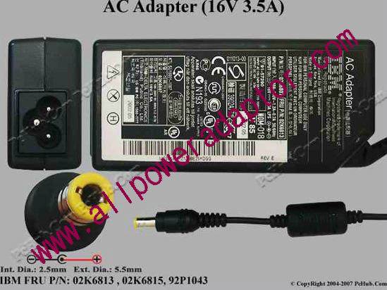 IBM Thinkpad Series AC Adapter- Laptop 02K6813, 16V 3.5A, Tip C