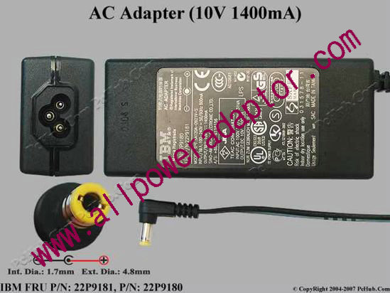 IBM AC Adapter- Laptop 22P9181, 10V 1.4A