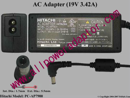 Hitachi AC Adapter- Laptop 19V 3.42A, 5.5/1.7mm, 2-Prong