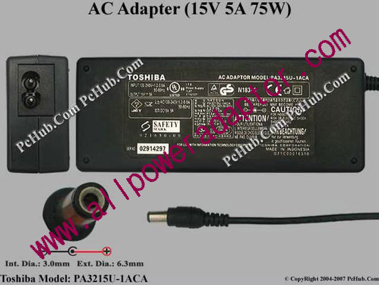 Toshiba AC Adapter PA3215U-1ACA, 15V 5A, Tip D, (2-prong)