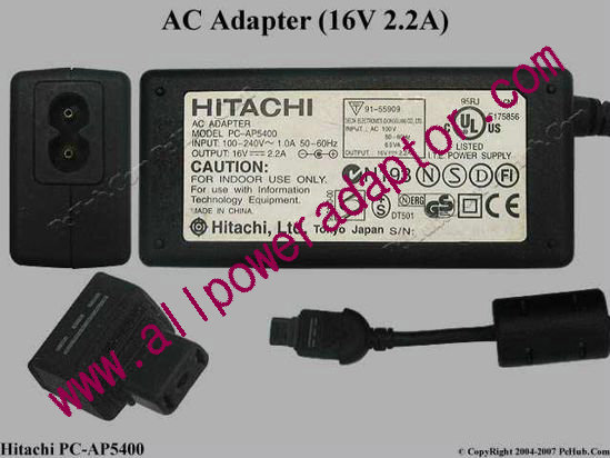 Hitachi AC Adapter- Laptop PC-AP5400, 16V 2.2A, Tip O