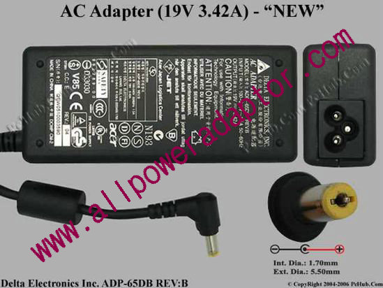 Delta Electronics ADP-65DB REV.B AC Adapter- Laptop 19V 3.42A, 5.5/1.7mm, 3-Prong, New