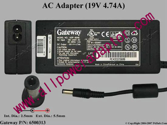 Gateway Common Item (Gateway) AC Adapter- Laptop 19V 4.74A, 5.5/2.1mm, 2-Prong - Click Image to Close
