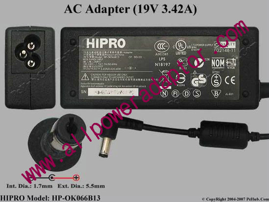 HIPRO HP-OK066B13 AC Adapter- Laptop 19V 3.42A, 5.5/1.7mm, 3-Prong