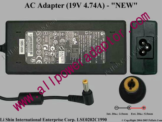 Li Shin LSE0202C1990 AC Adapter 19V 4.74A, 5.5/2.5mm, 3-Prong, New